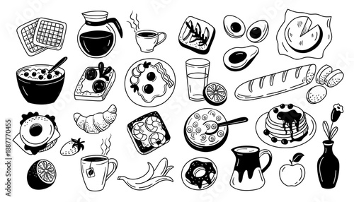 Breakfast food doodle. Croissant, coffee and toast, avocado and bacon, juice and berries, egg and banana, donut and sandwich, bread and cheese, pancake for cafe menu, bakery. Hand drawn vector set