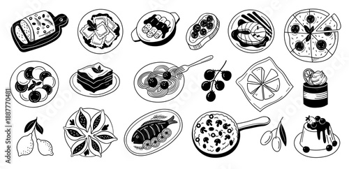 Mediterranean Italian food doodle set. Hand drawn pasta, pizza and seafood, board, ravioli and steak, shrimp and spaghetti, olives for restaurant menu, cafe packaging. Vector sketch isolated set