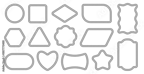 Rope frame border. Hexagon, heart and circle, square and star wavy rectangular line shapes for nautical vintage lasso outline label, marine badges or sailor, ship brand. Vector sketch isolated set