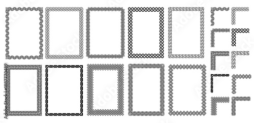 Celtic knot frames, border set with braided corners and interlaced ornaments for heritage certificates, medieval invitations, and Norse packaging. Geometric Nordic patterns isolated vector set