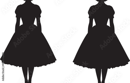Black silhouette of two vintage women wearing retro fifty style dresses with puffed sleeves and full skirts isolated on white background for fashion design