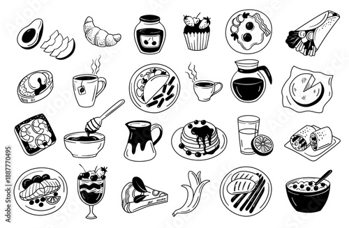 Breakfast food doodle. Croissant, muffin and pancake, coffee cup and honey, juice and avocado, banana for cafe menu, bakery and restaurant poster. Outline sketch for food packaging vector set