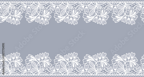 Lace seamless border frame. Floral white filigree and guipure edging wedding, bridal elegant invitation. Crochet ornaments for scrapbook, laser cut lace. Vector decorative romantic background