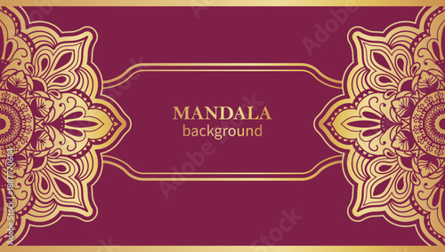 Mandala background with golden filigree and floral arabesque on maroon for luxury invitation, premium packaging, elegant wedding design. Headers, decorative mandala yoga studio vector banner