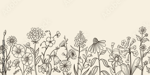 Wildflower seamless border with hand drawn meadow blooms, daisy and bellflower for vintage poster, rustic invitation botanical template. Isolated vector sketch banner
