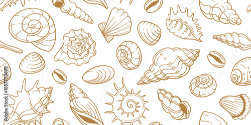 Seashell seamless pattern with doodle clams for coastal wallpaper, nautical textile. Hand drawn oyster snail vector marine background, sea and ocean texture
