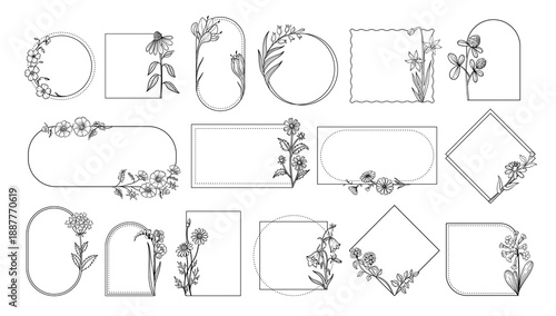 Botanical floral frames with wildflowers for wedding invitation, save the date card and organic skincare or cosmetic branding. Elegant line flower circular and rectangular borders isolated vector set