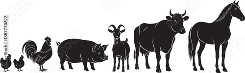 Black silhouette collection of domestic farm animals including horse cow pig goat and poultry isolated on white background for agricultural vector design elements