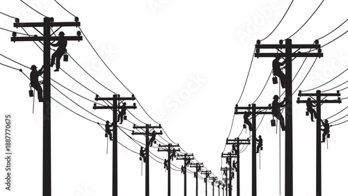 Black and white silhouettes of professional linemen working on electrical power lines and utility poles representing high voltage energy distribution and telecommunications infrastructure maintenance.