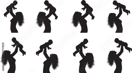 Black and white silhouettes of a mother lifting her baby in the air isolated on white background representing motherhood family love and parental connection.