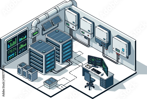 Isometric Rendering of an Automated Data Center with Renewable Energy Integration