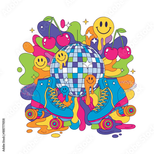 Fun retro disco illustration with blue roller skates, a shiny disco ball, and melting smiley faces. Vibrant psychedelic composition with cherries and colorful abstract fluid shapes.