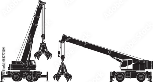 Black and white silhouettes of professional mobile material handler cranes with grapple attachments isolated on white background for scrap metal recycling and industrial waste management.