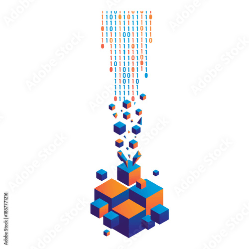 Abstract 3D vector illustration of digital data processing. Isometric orange and blue cubes transforming into binary code streams. Concept for big data, AI, and cloud computing technology.