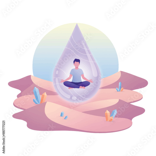 Conceptual vector illustration of a man meditating in a lotus pose inside a giant water drop. Surreal desert landscape with crystals, symbolizing mindfulness, peace, and inner zen.