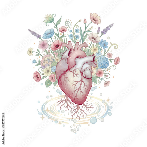 Surreal vector illustration with a floating anatomical heart blooming with soft-colored wildflowers and ethereal botanicals. Isolated on white background. The Hearts Secret Garden. 
