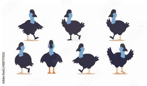Cute cartoon cassowary bird character collection vector illustration