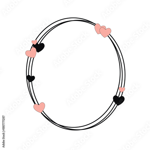 A minimalist frame, an oval outline with black lines and a slight offset, decorated with soft pink and black hearts.