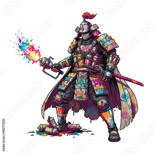 Modern samurai warrior in traditional armor covered in colorful graffiti tags. Urban street art style illustration featuring a character holding a spray paint flamethrower. Bold vector.