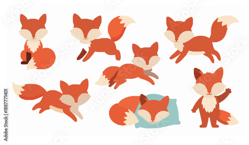 Cute cartoon fox collection flat vector illustration isolated on white