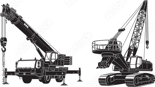 Collection of black and white crane silhouettes isolated on white background representing heavy construction machinery, industrial lifting equipment, civil engineering, and building 
