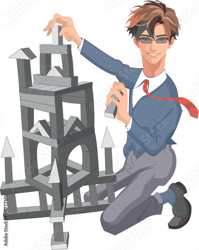 Male architect making model building. Man builds a structure with toy blocks