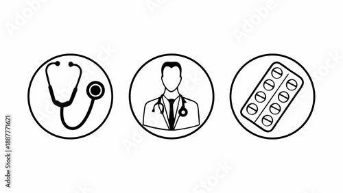 Medical icons showing a stethoscope doctor and pills in circles in a black and white drawing style on transparent background silhouette