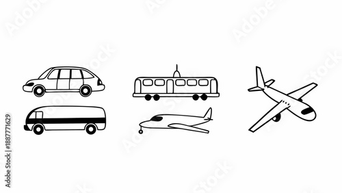 Illustration showing a car, bus, train, and two airplanes in black outline on a white background design is simple on transparent background silhouette