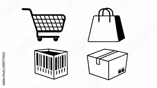 Illustration of shopping cart, shopping bag, container and cardboard box in black and white style on transparent background silhouette