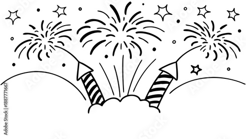 Illustration of fireworks exploding in the sky with stars and rockets launching upwards at night time on transparent background silhouette