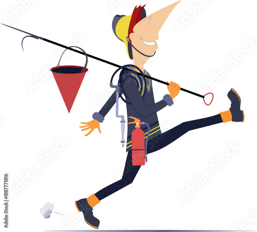 Cheerful walking firefighter. Fire-fighting tools