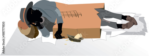 Sleeping homeless and poor African man. 
Hungry and chilled beggar sleeps in the cardboard box
