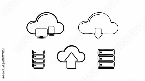 Illustration of cloud computing services with servers and devices connected to the cloud network on transparent background silhouette