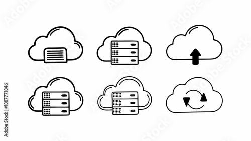 Illustration showing six cloud computing icons with servers data storage upload and sync in black and white line art on transparent background silhouette