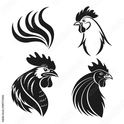 Rooster head vector set with stylized poultry mascots and crowing cockerel designs. Black and white farm animal illustrations for logo branding and sports mascots.
