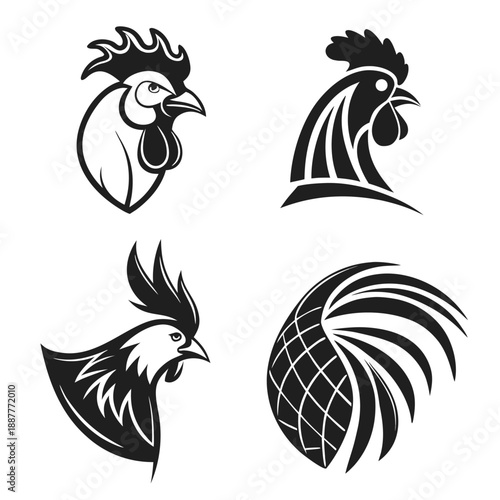 Rooster head mascot vector set for farm logo design and poultry branding, stylized cockerel profile illustrations for sports team or organic food labels.
