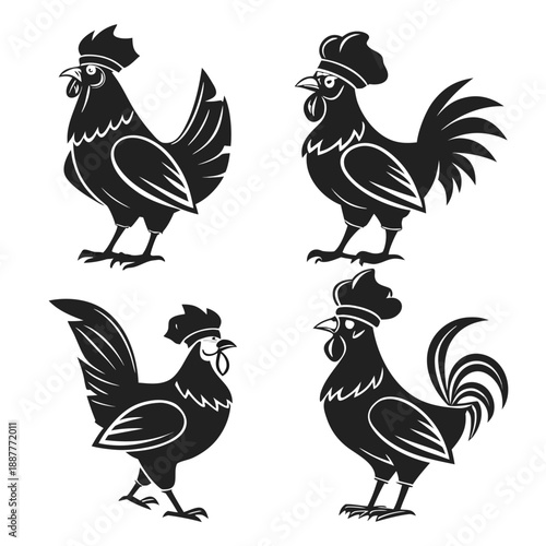 Set of Four Black Rooster and Chicken Vector Silhouettes for Restaurant Logo Design. Stylized Farm Bird Icons and Poultry Illustrations for Butchery and Food Branding.