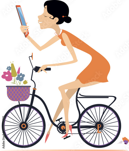 Happy lady on the bicycle holding smartphone, scrolling, looking at cellphone enjoying doing online ecommerce shopping chatting in mobile ai apps