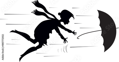 Windy weather. Woman. Umbrella.
A woman tries to catch an umbrella blown away by the wind