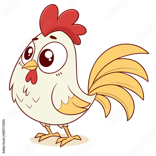 Cute cartoon rooster illustration with big expressive eyes and colorful feathers. Friendly baby cockerel character vector for kids books and nursery decoration.