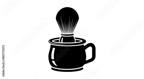 Traditional Shaving Brush in Mug Black Silhouette on Isolated White Background