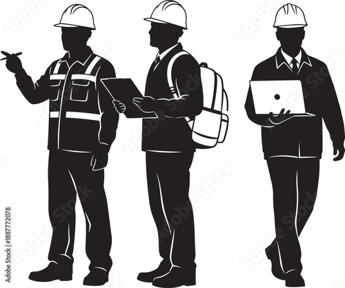 Black and white silhouette of professional male architects and construction site engineers using laptops and clipboards for building project management and site supervision concepts.