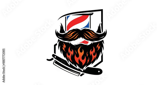 Fiery Bearded Man with Mustache and Straight Razor for Barber Shop Logo on Isolated White Background