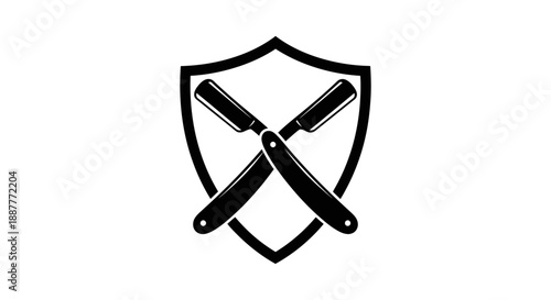 Strong Barbershop Shield Logo with Crossed Straight Razors, Isolated White Background