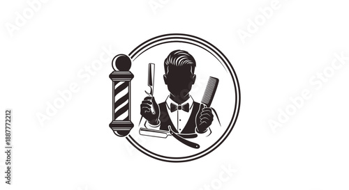 Vintage Gentleman Barbershop Logo with Barber Pole and Comb, Isolated White Background
