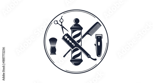 Circular Barbershop Logo with Barber Pole, Scissors, Comb, and Razor, Isolated White Background