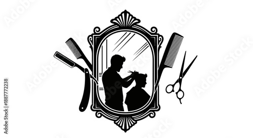Classic Barbershop Mirror Reflecting Barber Cutting Hair with Tools Around, Isolated White Background