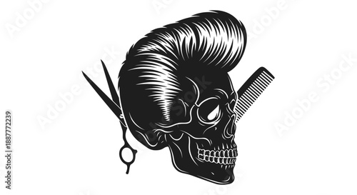 Edgy Skull with Pompadour Hairstyle, Comb, and Barber Scissors, Isolated White Background