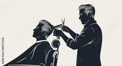 Professional Barber Cutting Man's Hair with Scissors and Comb in Bright Studio