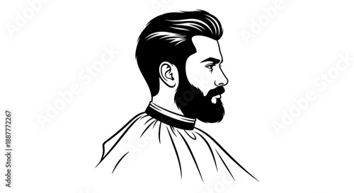 Classy Man Profile with Well-Groomed Beard and Hair Wearing Barber Cape, Isolated White Background